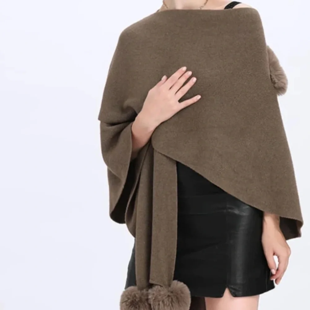 Knit Faux Fur Keyhole  Pom Pom Edge Scarf Wrap Shawl dh.